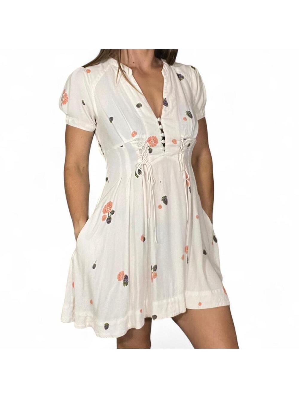 Free People White Floral Mini Dress with Pockets and Lace Up Details Size 2